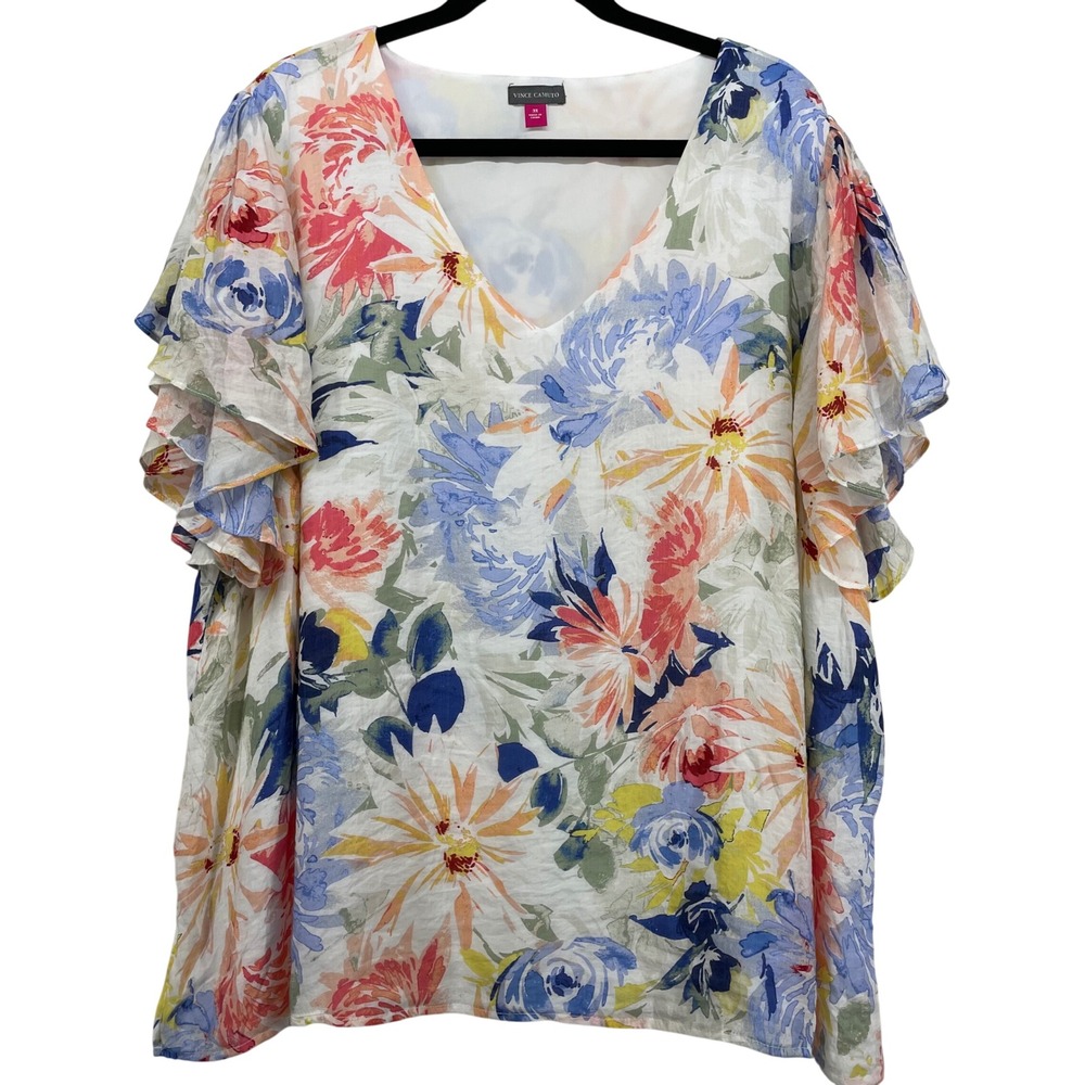 Vince Camuto Size 3X Floral Blouse Multicolor Ruffle Sleeve V-Neck‎ Lined Top